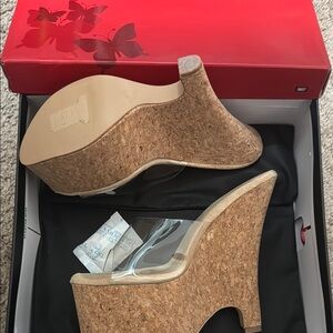 Pleaser Tan Cream Wedge Sandals with Clear Strap